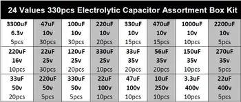 24 vertės 330pcs 6.3/10V/16V/25V/35/50V/100V/250V/400V (3.3 uF ~ 2200uF) sumaišykite Elektrolitinius kondensatorius Asorti rinkinys su saugojimo dėžutė