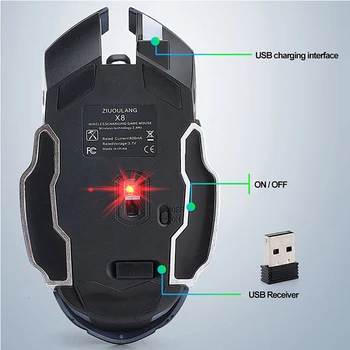 2400DPI Pelės Įkrovimo X8 Belaidžio Silent LED Apšvietimu USB Optinė Ergonomiška Žaidimų Pelės Kvėpavimo Šviesos Žibintas