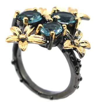 28x21mm Gotikos Unikalaus Dizaino Vintage Sukurtas Londono Mėlynas Topazas Kietas Juodojo Aukso Sidabro Žiedas moterims Kasdien Dėvėti Sidabro Žiedai