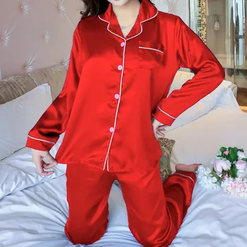2VNT Pižama Rinkiniai Moterims Atvartas, Šilko Imitacijos ilgomis Rankovėmis Namų Drabužiai Ponios Mujer Sexy Satin Viršūnes+Kelnės Pižamą Sleepwear