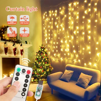 3*3M USB LED Užuolaidų String Apšvietimas Pasakų Girliandą Nuotolinio Valdymo Naujųjų Metų Kalėdų Lauko Vestuvių Namų dekoro