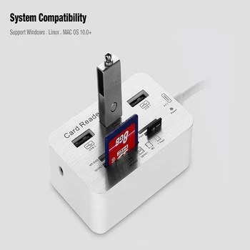 3 Port USB Multi-In-1 Hub MS, SD M2 TF Atminties Kortelių Skaitytuvas Aliuminio Adapteris VDX99