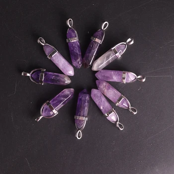 36pcs violetinė crystal gamtos perlas akmuo kvarcas amethysts kulka šešiabriaunė Prizmė taško, pakabučiai, karoliai, žavesio Papuošalai padaryti Nemokamai