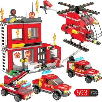 398PCS Miesto Policijos Pajūrio ugniagesių Blokai Suderinama WW2 Karinės Gaisrinės Automobilio Duomenys Plytų Žaislai Vaikams