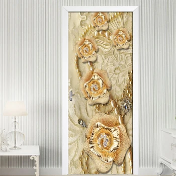 3D Golden Flower Papuošalai Satino Durų Lipdukai Freskos Kambarį Durys, PVC lipnios Vandeniui 3D Tapetai Namo Durų Lipdukai