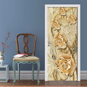 3D Golden Flower Papuošalai Satino Durų Lipdukai Freskos Kambarį Durys, PVC lipnios Vandeniui 3D Tapetai Namo Durų Lipdukai
