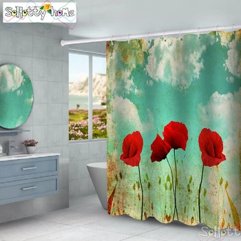 3D Gėlių Medžiai Spausdinti Dušo Užuolaidos, Klasikinis Modelis Pilka, Mountain View Slyvų Žiedų Vonios Aksesuaras Su 12 Kabliukų