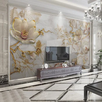 3D Iškilumo Magnolia Gėlių Marmuro Tapetai Gyvenamasis Kambarys su Sofa-lova, TV Foną, Sienos Freskos Prabangių Namų Dekoro Papel De Parede 3D Salė