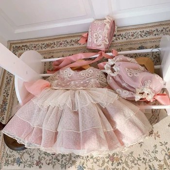 3PCS Vasaros Vintag Lolita ispanijos Princesė Rausva Nėrinių trumpomis Rankovėmis Suknelė Bady Mergina Gimtadienio Mielas Vaikas Turkija Suknelė