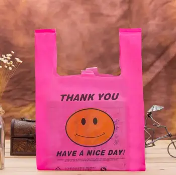 4 dydžių 50pcs prekybos Centrų Miela Šypsena geltonas rožinė Liemenė Plastikiniai Pirkinių krepšys su rankena, plastikinės Ranka Maišo Pakuotės Maišelis