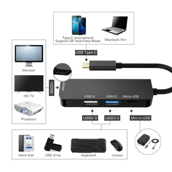4 in 1, usb, c hub multiport adapteris, C Tipo HDMI 4k USB 3.0/2.0 Micro Usb Įkroviklis Adapteris, skirtas 