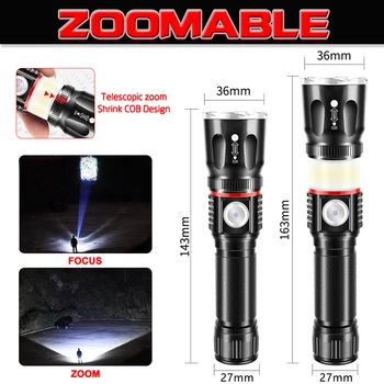 4 Režimas T6 L2 Zoom Fakelas USB Įkrovimo High-end LED Žibintuvėlis IP68 Vandeniui Flashlamp Aplinkinių COB Lempa + Uodegos Magnetas Dizainas
