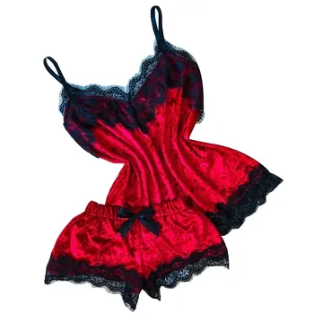 40# Moterims Seksualus apatinis Trikotažas Camisole Lankas Šortai, V-kaklo Viršūnes Aksomo Pižama Sleepwear Pajama Komplektai Femme Sexy Nėrinių Lingerie Vasaros
