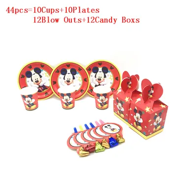 44Pcs/Daug Karšto Disney Animacinių filmų Raudona Mickey Mouse Vaikai Mergina Gimtadienio Popieriniai Puodeliai+Plokštės+Užpūsti+Saldainiai Boxs Šeima Šalies Prekių