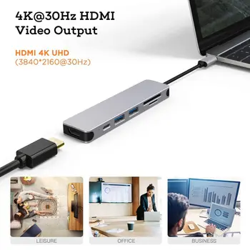 6in1 USB Tipo C Hub Adapteris su 4K HDMI Multiport Kortelių Skaitytuvas USB3.0 TF PD Vaizdo Multi Uostų Adapteris