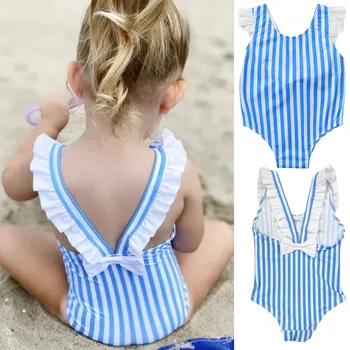 6Months-5Years Naujas Blue beach juostelės Bamblys Vaikams Baby Girl Bikini Dryžuotas vientisas maudymosi kostiumėlį, maudymosi Kostiumėliai, Paplūdimio plavky vaikai M4