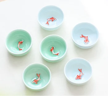 6pcs Kung Fu Arbatos Puodelio Nustatyti, spalvos jūros vandens 3D Aukso Žuvys Kinijos arbatos puodeliai,Crackle Glazūra Kelionės Arbatos Dubenėlį Kinų Porceliano Teacup Rinkinys