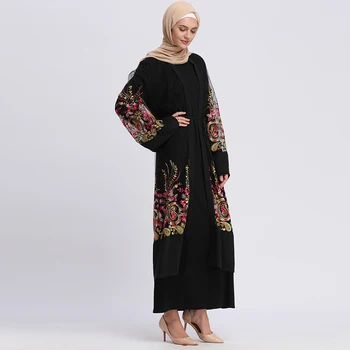 Abaja Dubajus Islamas Kaftan Gėlių Siuvinėjimo Tinklelio, Cardigan Musulmonų Suknelė, Hijab Turkijos Caftan Abayas Moterų Islamo Apranga