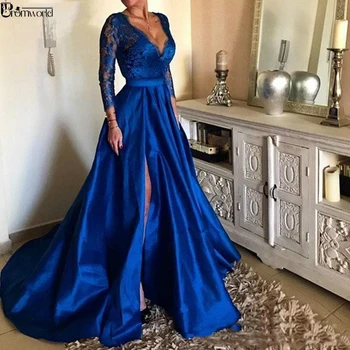 Abiye gece elbisesi 2020 Royal Blue Plius Dydžio vakarinę Suknelę Sexy V Kaklo Nėrinių ilgomis Rankovėmis Priekiniai Padalinta Oficialią Šalies Chalatai