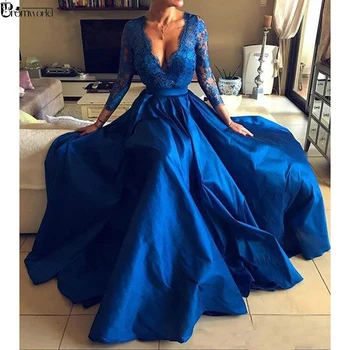 Abiye gece elbisesi 2020 Royal Blue Plius Dydžio vakarinę Suknelę Sexy V Kaklo Nėrinių ilgomis Rankovėmis Priekiniai Padalinta Oficialią Šalies Chalatai