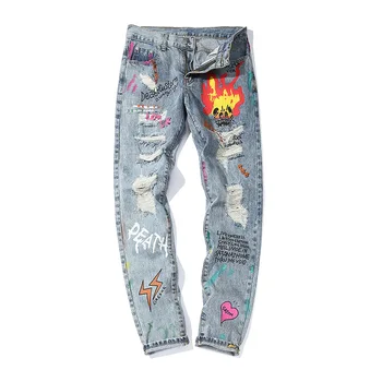 ABOORUN Hip-Hop Grafiti Spausdinti Jeans vyriški Skaldytų Skylę Džinsai Streetwear Asmenybės Ilgai Pieštuku Džinsai vyrams