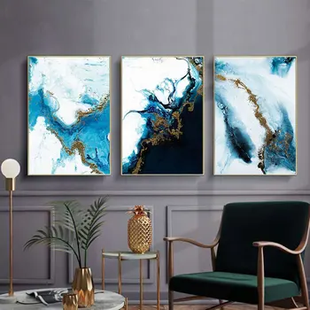 Abstrakti Vandenyno Plakatas Aukso Mėlyna Balta Nordic Sienos Meno Nuotrauką Spausdinti Drobės Tapybai Šiuolaikinio Gyvenimo Kambario Apdaila