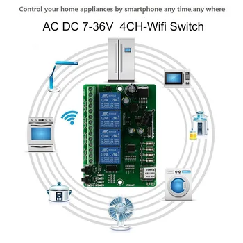 AC-DC7V-36V 4CH relay WiFi Nuotolinis jungiklis Wireless universal garažo durų imtuvas ir 2/4 Vnt Ev1527 433MHz RF Nuotolinis valdymas