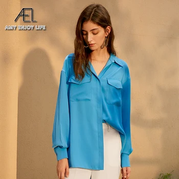 AEL Moterų Priežastinis Marškinėliai Basic Kieto Satino ilgomis Rankovėmis Vintage Palaidinė Turn-Žemyn Apykaklės Prarasti Viršų Mygtuką Aukštyn blue Marškinėliai