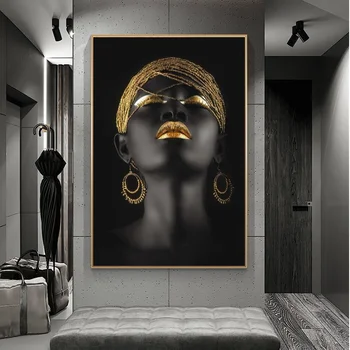 Afrikos Seksuali Moteris Drobė Menas, Plakatų Ir grafikos Juoda Merginos su Aukso Šukuosena Drobė Paveikslų Ant Sienos Menas Nuotraukas
