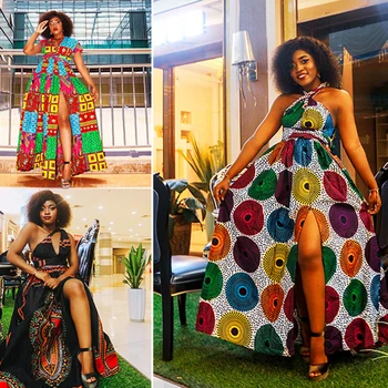 Afrikos suknelės Moterims Dashiki naujas fashionHanging kaklo tipas Maxi suknelė batikos Vaškas Spausdinti Drabužių, Tradicinių afrikos Drabužiai