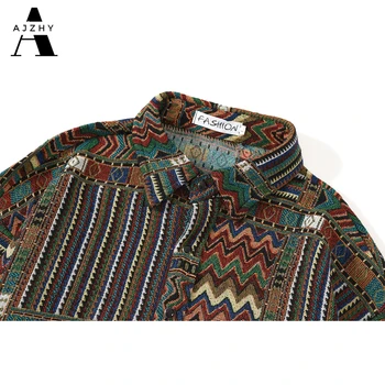AJZHY Hip-Hop Marškinėliai Vyrams Geometrinis ilgomis Rankovėmis Marškinėliai Harajuku Nacionalinės Stiliaus Marškinėliai Streetwear Snap Mygtuką Medvilnės Marškinėliai Vyrams 2020 m.