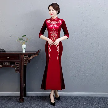 Aksominis Gėlių Siuvinėjimas Moterų Qipao Plius Dydis Kinų Stiliaus Margumynas Vakare Šalis Suknelė Žiemos Naujas Cheongsam Seksualus Vestidos