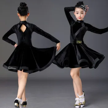 Aksomo ilgomis rankovėmis lotynų šokių suknelė vaikų mergaičių konkurencijos pramoginiai vaikams, tango, salsa dancewear praktikos dėvėti cha cha