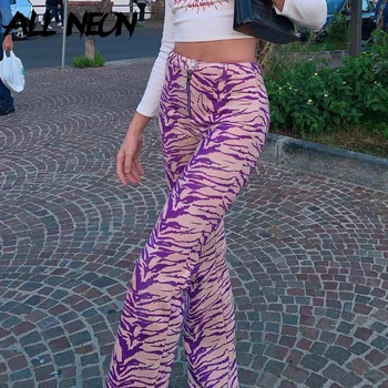 ALLNeon Harajuku Zebra Modelis Flare Kelnės Y2K Estetika Užtrauktuku Didelis Juosmens Kelnės Derliaus E-girl 90-ųjų Mados Violetinės Nuosėdos