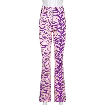 ALLNeon Harajuku Zebra Modelis Flare Kelnės Y2K Estetika Užtrauktuku Didelis Juosmens Kelnės Derliaus E-girl 90-ųjų Mados Violetinės Nuosėdos