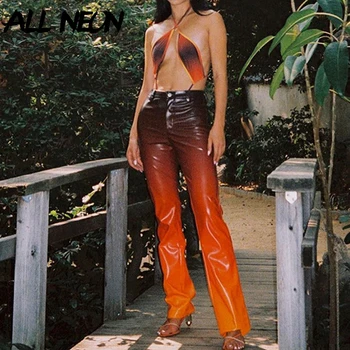 ALLNeon Indie Estetika Gradientas PU Odos Kelnės Y2K Mados Orange Aukšto Juosmens Ilgos Kelnės Punk Stiliaus Rudens Derliaus Kelnės