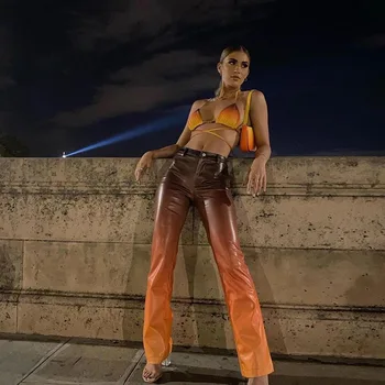 ALLNeon Indie Estetika Gradientas PU Odos Kelnės Y2K Mados Orange Aukšto Juosmens Ilgos Kelnės Punk Stiliaus Rudens Derliaus Kelnės