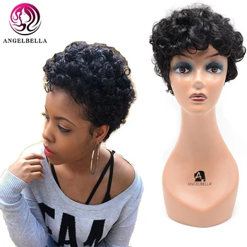 Angelbella 8 colių Brazilijos Remy Plaukų Mašina Padarė Afro Garbanotas Perukas Žmogaus Plaukų Spiralės Garbanotais Trumpais Žmogaus Plaukų Perukai Moterims
