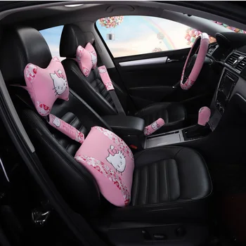 Animacinių Filmų Automobilio Atramos Galvai Pagalvės Kitty Cat Juosmens Pagalvėlė Seat Belt Universalus Auto Vairas Padengti Automobilių Aksesuarų Mergaitėms