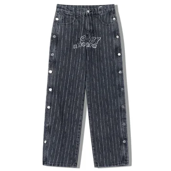 Aolamegs Vyrų Džinsai Laišką Siuvinėjimo Dryžuotas Spausdinti Džinsinio Audinio Kelnės Rudenį Atsitiktinis Tiesios Kelnės Harajuku Kolegija Stiliaus Streetwear