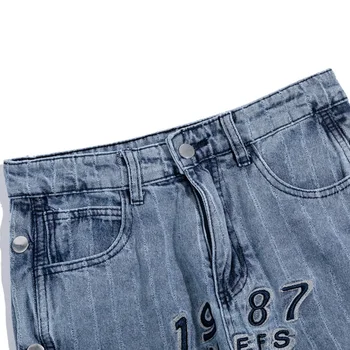 Aolamegs Vyrų Džinsai Laišką Siuvinėjimo Dryžuotas Spausdinti Džinsinio Audinio Kelnės Rudenį Atsitiktinis Tiesios Kelnės Harajuku Kolegija Stiliaus Streetwear