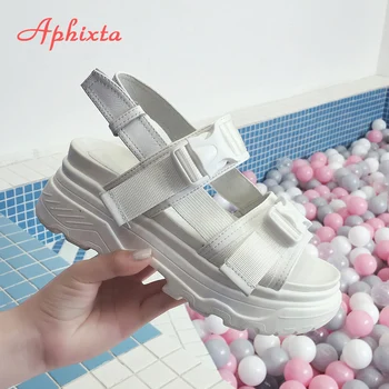 Aphixta 8cm Platforma Sandalai Moterims Pleišto Kulniukai Batai Moterims Sagtis, Odos, Drobės Vasaros Zapatos Mujer Pleištai Moteris Sandalas