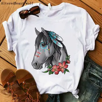 Arklių gyvūnų sport marškinėliai moterims Marškinėliai Arklių marškinėlius spausdinti juokinga trumpas rankovės o-kaklo harajuku, baltus drabužius moteris 