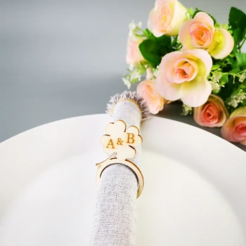 Asmeninį Vestuvių stalo Dekoro Keturių lapų dobilų su Inicialais Servetėlių Žiedas ,pagal Užsakymą Vestuvių spalva woodAcrylic Sumažinti servetėlių žiedas