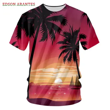 Atogrąžų stiliaus Pora T-Shirt 3D Spausdinimo Sunset Paplūdimys, Palmių vyriški Marškinėliai, Mados Vasaros Atostogų O-Kaklo T-shirt Vyrai Tee