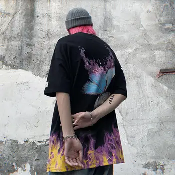Atsitiktinis Korėjos Hip-Hop Drugelis Marškinėlius Streetwear Mens Juoda Japonija Gaisro T Shirts Vyrų Mados Medvilnės Prarasti Negabaritinių Marškinėliai
