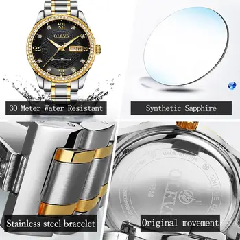 Atsitiktinis Laikrodžiai vyras Top Brand OLEVS Diamond Plieno dirželis Šviesos Vandeniui Kvarcinis Laikrodis Auto Data Vyrų laikrodis Juodos Žiūrėti
