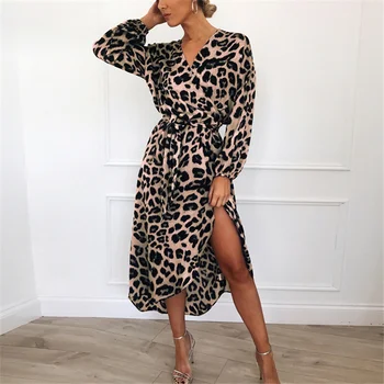 Atsitiktinis Leopardas Spausdinti Šifono Suknelė Vintage Žibintų Ilgomis Rankovėmis Moterims Midi Drabužių Streetwear Elegantiškas Išsiliejo Hem Tunika Vestidos