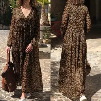 Atsitiktinis V-Kaklo Leopard Sundress ZANZEA Pavasario Mados Šalis Suknelė Moterims ilgomis Rankovėmis Bohemijos Print Long Maxi Vestido Moterų Apdaras