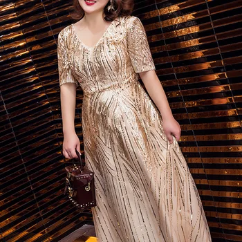 Auksas-Line Chalatas De Soiree DR1040 Putojantis China Vakaro Suknelė su V-Kaklo Pusė Rankovių Moterims Šalis Suknelės Plius Dydžio Elegantiškas Chalatai